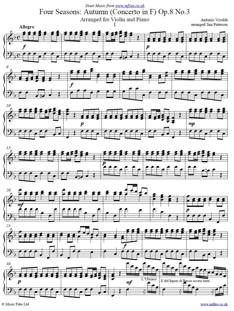 Vivaldi's Autumn from The Four Seasons (arranged for piano) - click to download sheet music Vivaldi's Autumn from The Four Seasons (arranged for piano) - sheet music 1st page