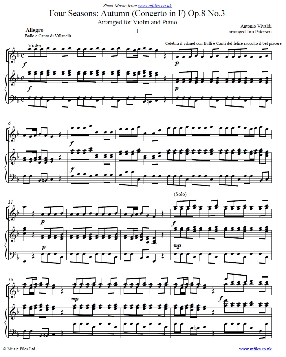 Vivaldi's Autumn from The Four Seasons (arranged for violin and piano) - click to download sheet music Vivaldi's Autumn from The Four Seasons (arranged for violin and piano) - sheet music 1st page