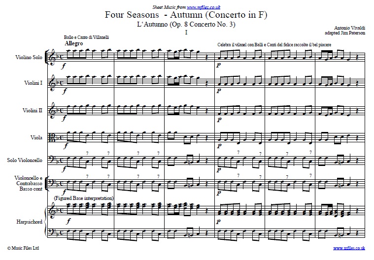 Vivaldi's Autumn from The Four Seasons - click to download sheet music Vivaldi's Autumn from The Four Seasons - sheet music 1st page