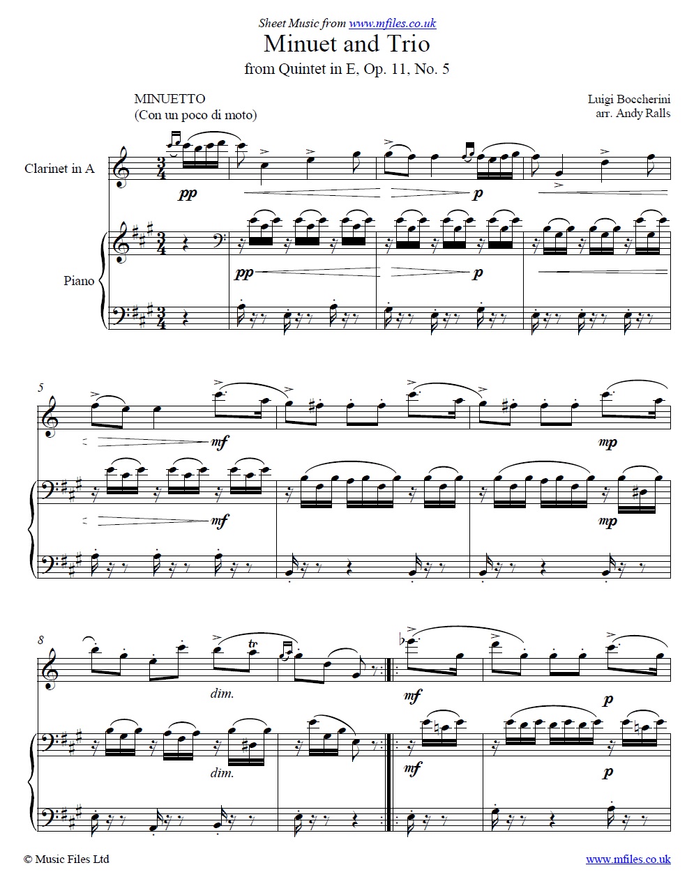 Boccherini's Minuet for Clarinet in A and piano - click to download sheet music Boccherini's Minuet for Clarinet in A and piano - sheet music 1st page