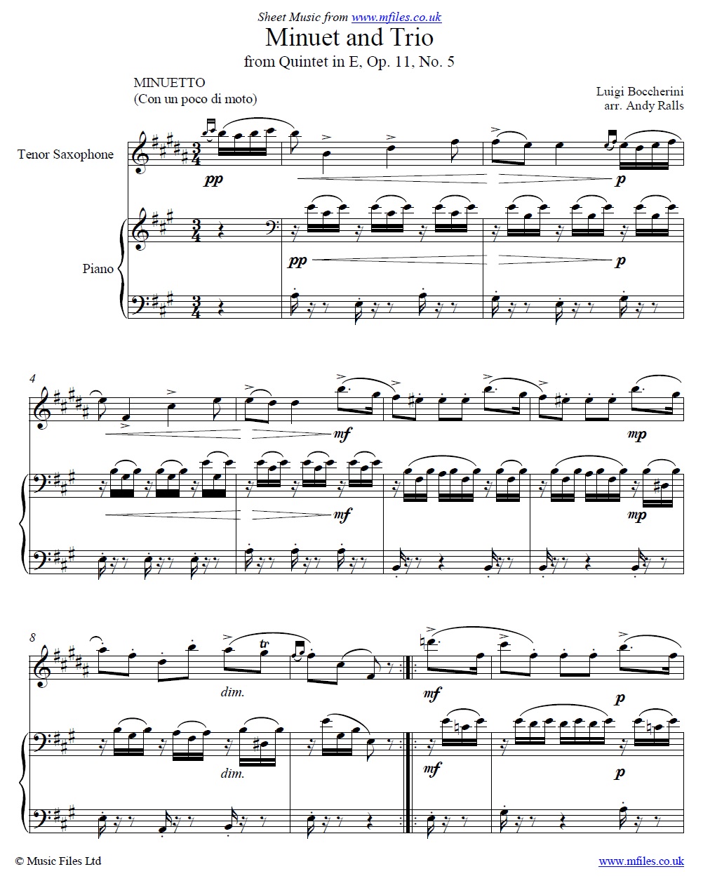 Boccherini's Minuet for Tenor Sax and piano - click to download sheet music Boccherini's Minuet for Tenor Sax and piano - sheet music 1st page