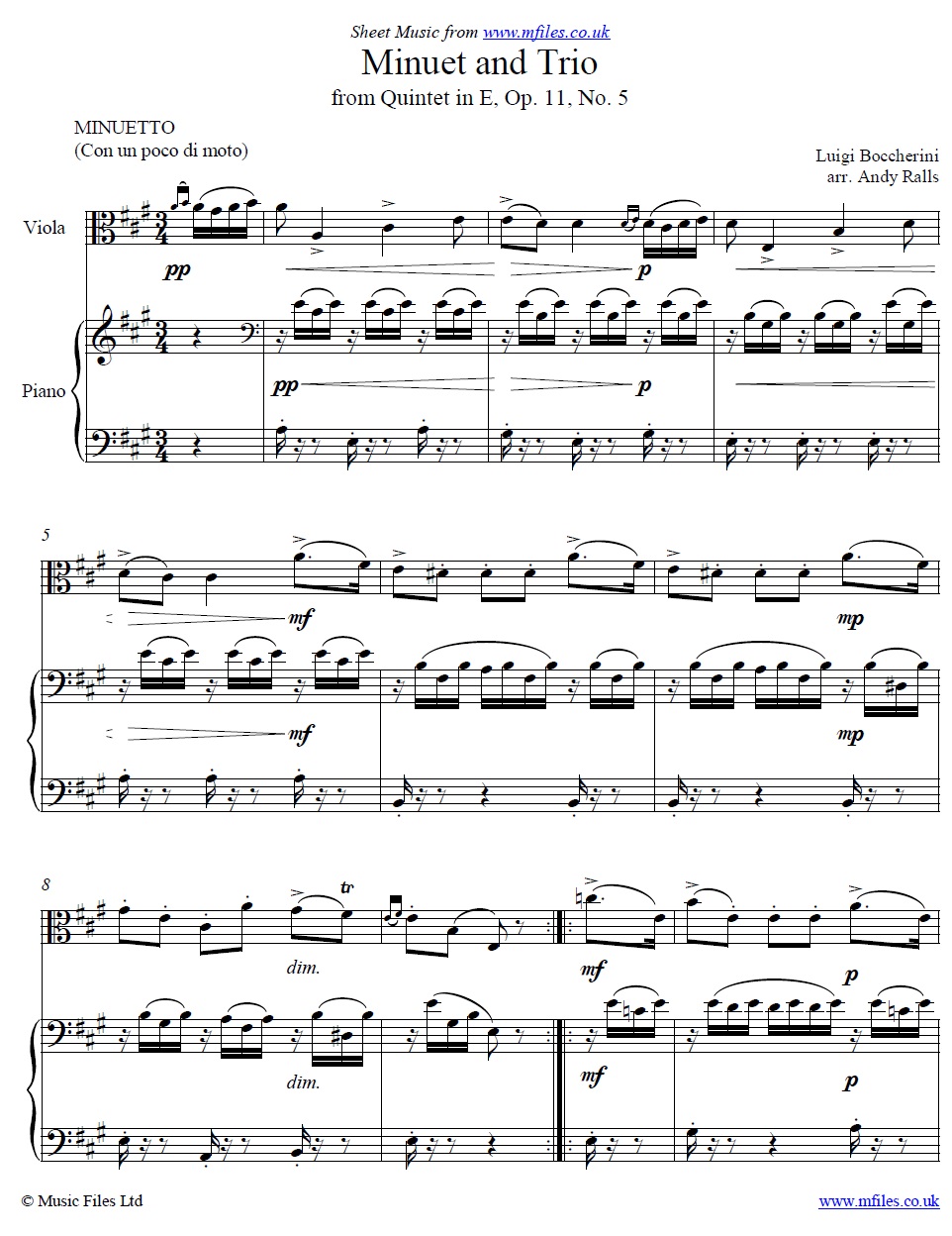 Boccherini's Minuet for Viola and piano - click to download sheet music Boccherini's Minuet for Viola and piano - sheet music 1st page