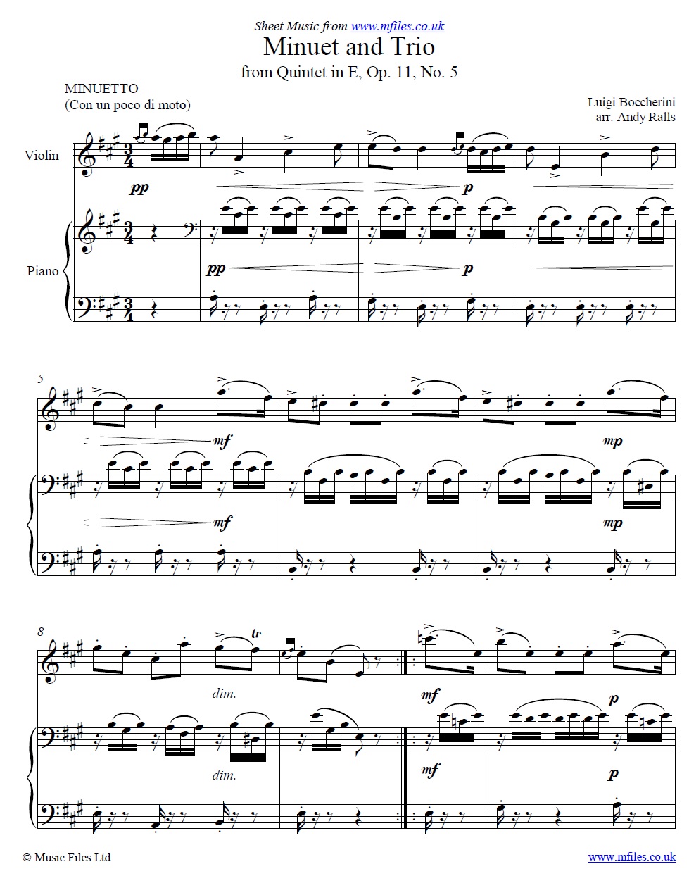 Boccherini's Minuet for Violin and piano - click to download sheet music Boccherini's Minuet for Violin and piano - sheet music 1st page