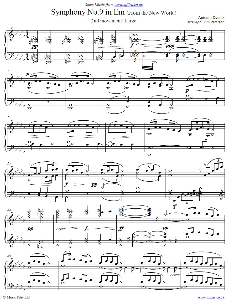 Dvorak's Largo (from the New World) for piano - click to download sheet music Dvorak's Largo (from the New World) for piano - sheet music 1st page
