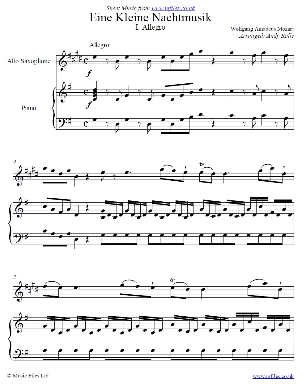 Mozart's Eine Kleine Nachtmusik (1st Movement) for alto sax and piano - click to download sheet music Mozart's Eine Kleine Nachtmusik (1st Movement) for alto sax and piano - sheet music 1st page