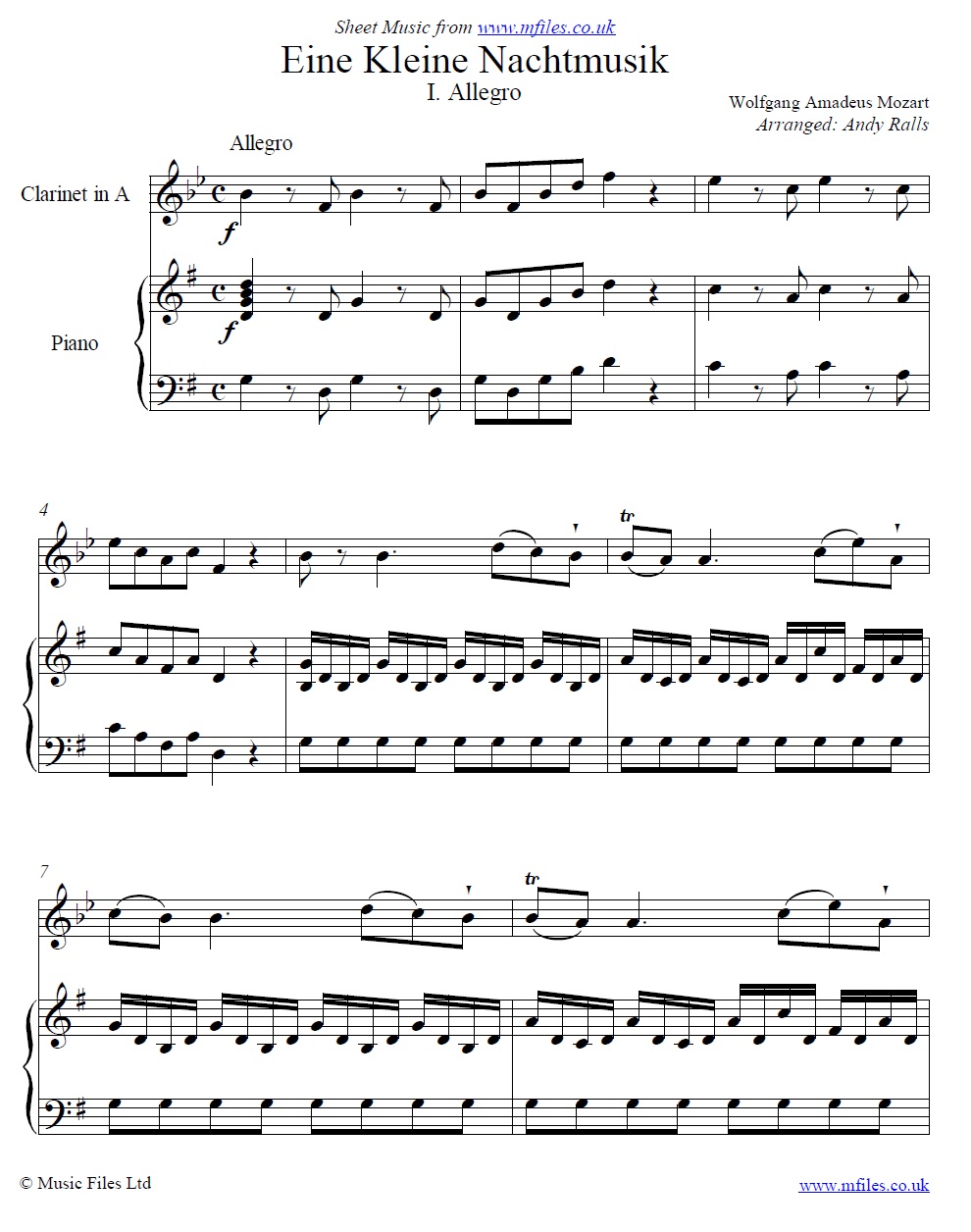Mozart's Eine Kleine Nachtmusik (1st Movement) for clarinet in A and piano - click to download sheet music Mozart's Eine Kleine Nachtmusik (1st Movement) for clarinet in A and piano - sheet music 1st page