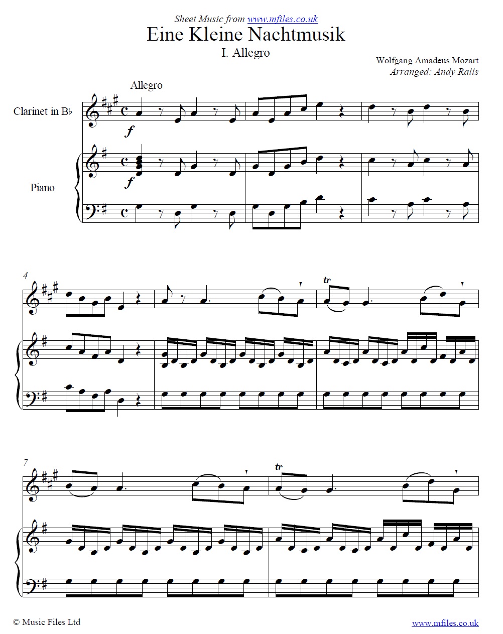 Mozart's Eine Kleine Nachtmusik (1st Movement) for clarinet in B-flat and piano - click to download sheet music Mozart's Eine Kleine Nachtmusik (1st Movement) for clarinet in B-flat and piano - sheet music 1st page