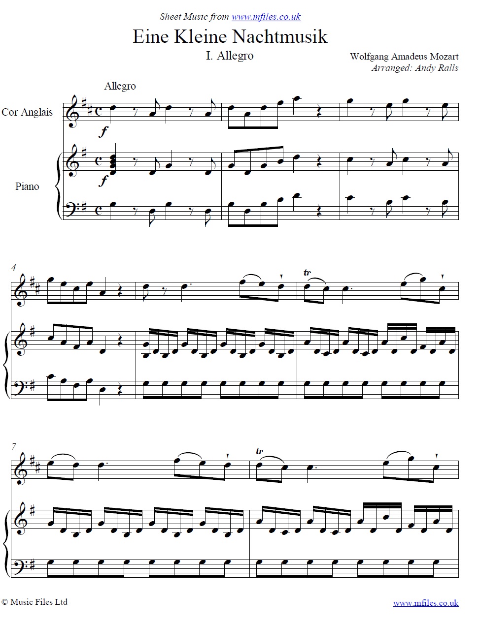 Mozart's Eine Kleine Nachtmusik (1st Movement) for cor anglais and piano - click to download sheet music Mozart's Eine Kleine Nachtmusik (1st Movement) for cor anglais and piano - sheet music 1st page