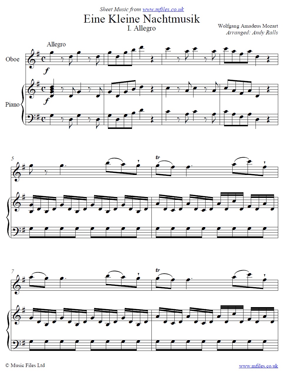 Mozart's Eine Kleine Nachtmusik (1st Movement) for oboe and piano - click to download sheet music Mozart's Eine Kleine Nachtmusik (1st Movement) for oboe and piano - sheet music 1st page