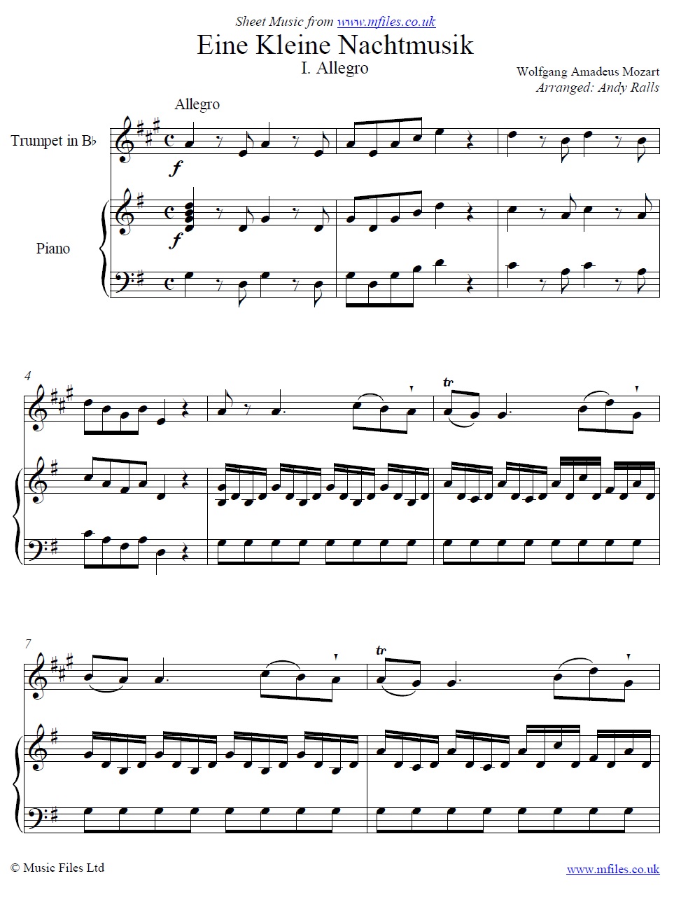 Mozart's Eine Kleine Nachtmusik (1st Movement) for trumpet and piano - click to download sheet music Mozart's Eine Kleine Nachtmusik (1st Movement) for trumpet and piano - sheet music 1st page