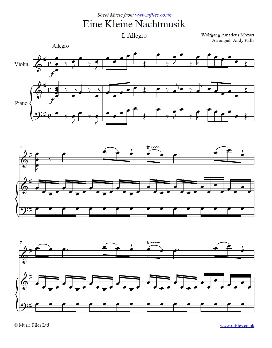 Mozart's Eine Kleine Nachtmusik (1st Movement) for violin and piano - click to download sheet music Mozart's Eine Kleine Nachtmusik (1st Movement) for violin and piano - sheet music 1st page