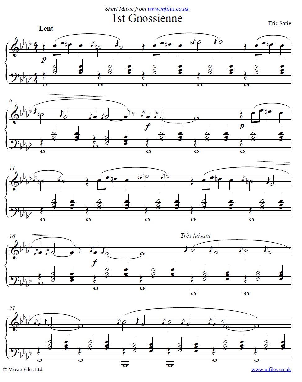 Satie's Gnossienne No.1 for piano - click to download sheet music Satie's Gnossienne No.1 for piano - sheet music 1st page