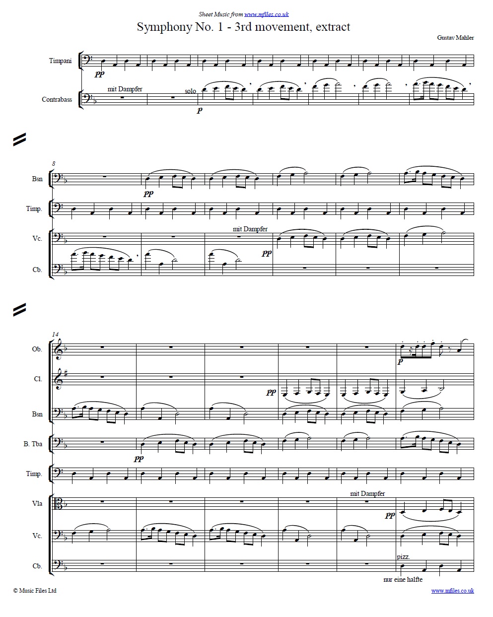 Mahler's 1st Symphony (3rd movement) score extract - click to download sheet music Mahler's 1st Symphony (3rd movement) score extract - sheet music 1st page
