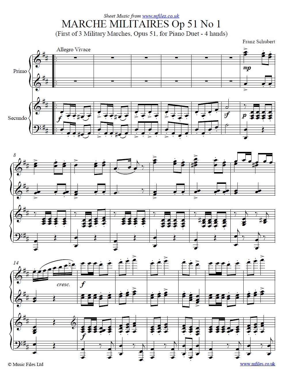 Schubert's Marche Militaire No.1 for piano duet - click to download sheet music Schubert's Marche Militaire No.1 for piano duet - sheet music 1st page