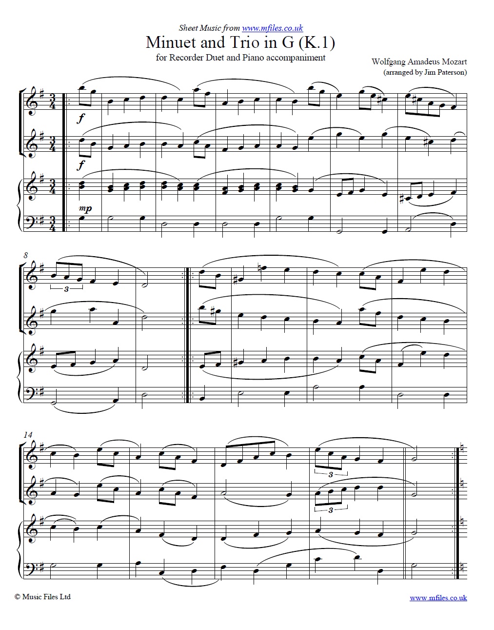 Mozart's Minuet in G (K.1) for recorder duet - click to download sheet music Mozart's Minuet in G (K.1) for recorder duet - sheet music 1st page