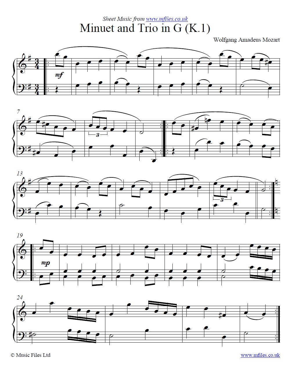 Mozart's Minuet in G (K.1) for piano - click to download sheet music Mozart's Minuet in G (K.1) for piano - sheet music 1st page