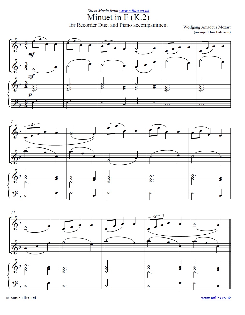 Mozart's Minuet in F (K.2) for recorder duet - click to download sheet music Mozart's Minuet in F (K.2) for recorder duet - sheet music 1st page