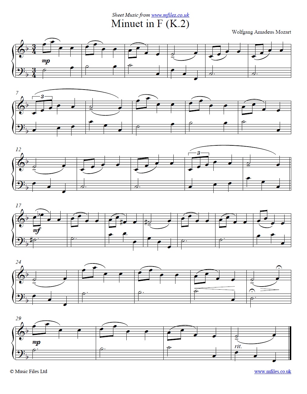 Mozart's Minuet in F (K.2) for piano - click to download sheet music Mozart's Minuet in F (K.2) for piano - sheet music 1st page