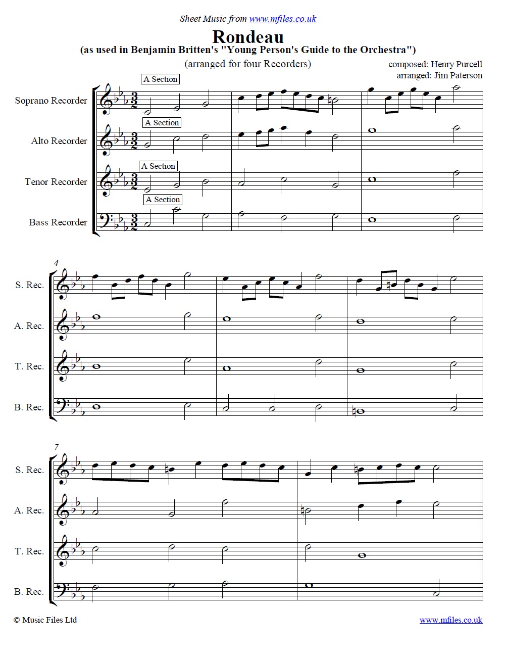 Purcell's Rondeau from Abdelazar for SATB recorders - click to download sheet music Purcell's Rondeau from Abdelazar for SATB recorders - sheet music 1st page