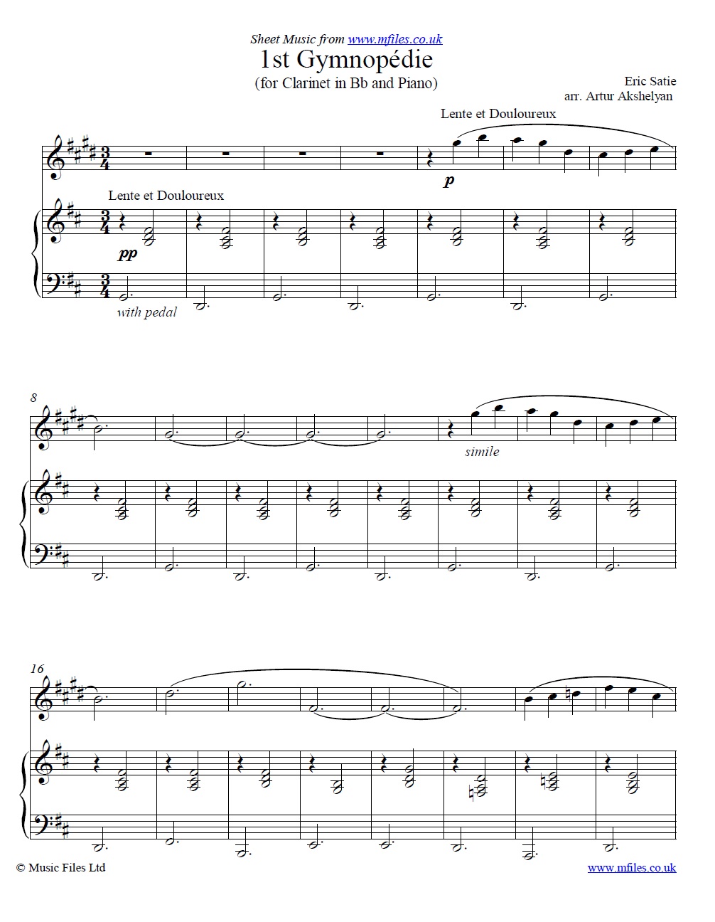 Satie's Gymnopedie No.1 for clarinet and piano - click to download sheet music Satie's Gymnopedie No.1 for clarinet and piano - sheet music 1st page