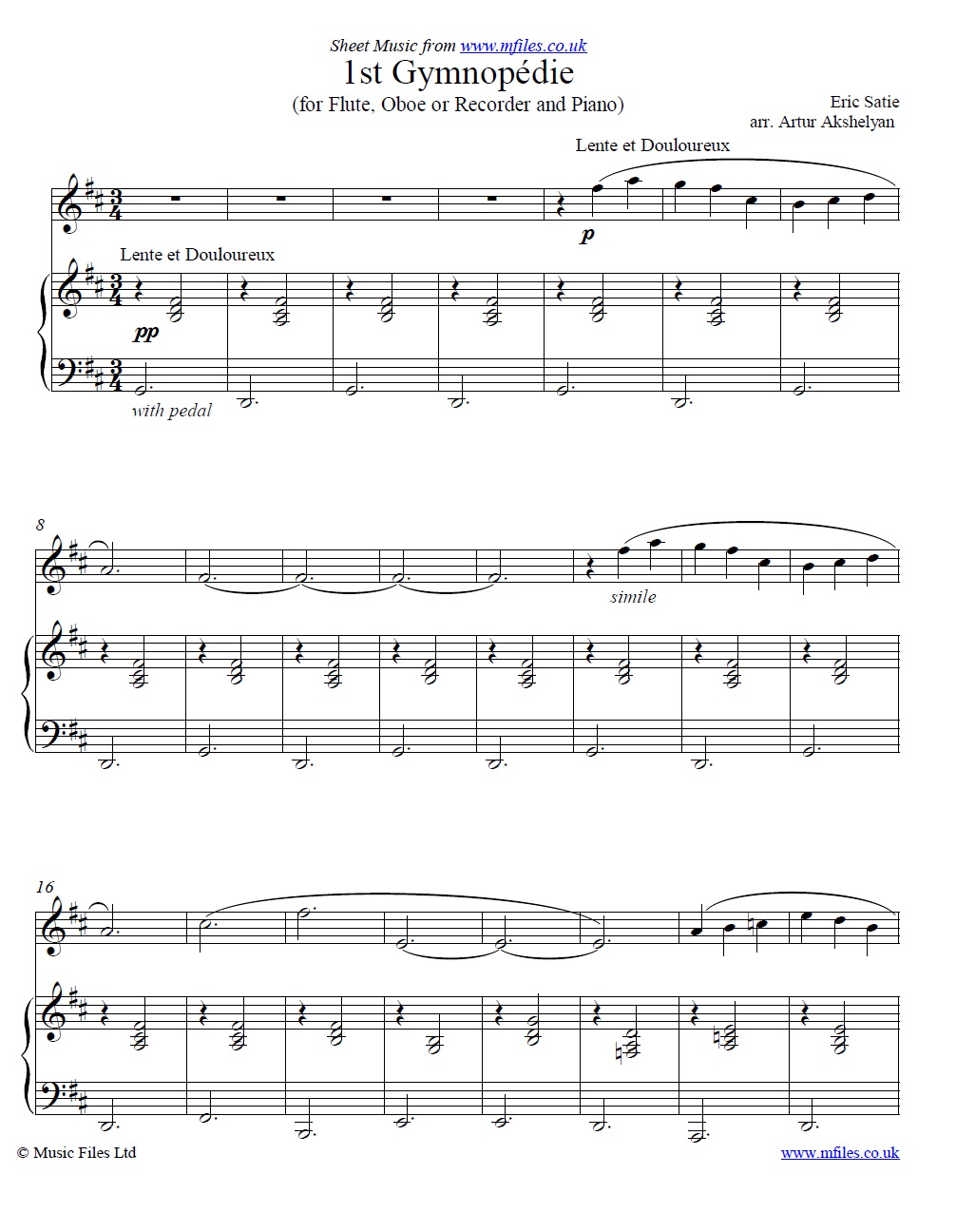 Satie's Gymnopedie No.1 for flute and piano - click to download sheet music Satie's Gymnopedie No.1 for flute and piano - sheet music 1st page