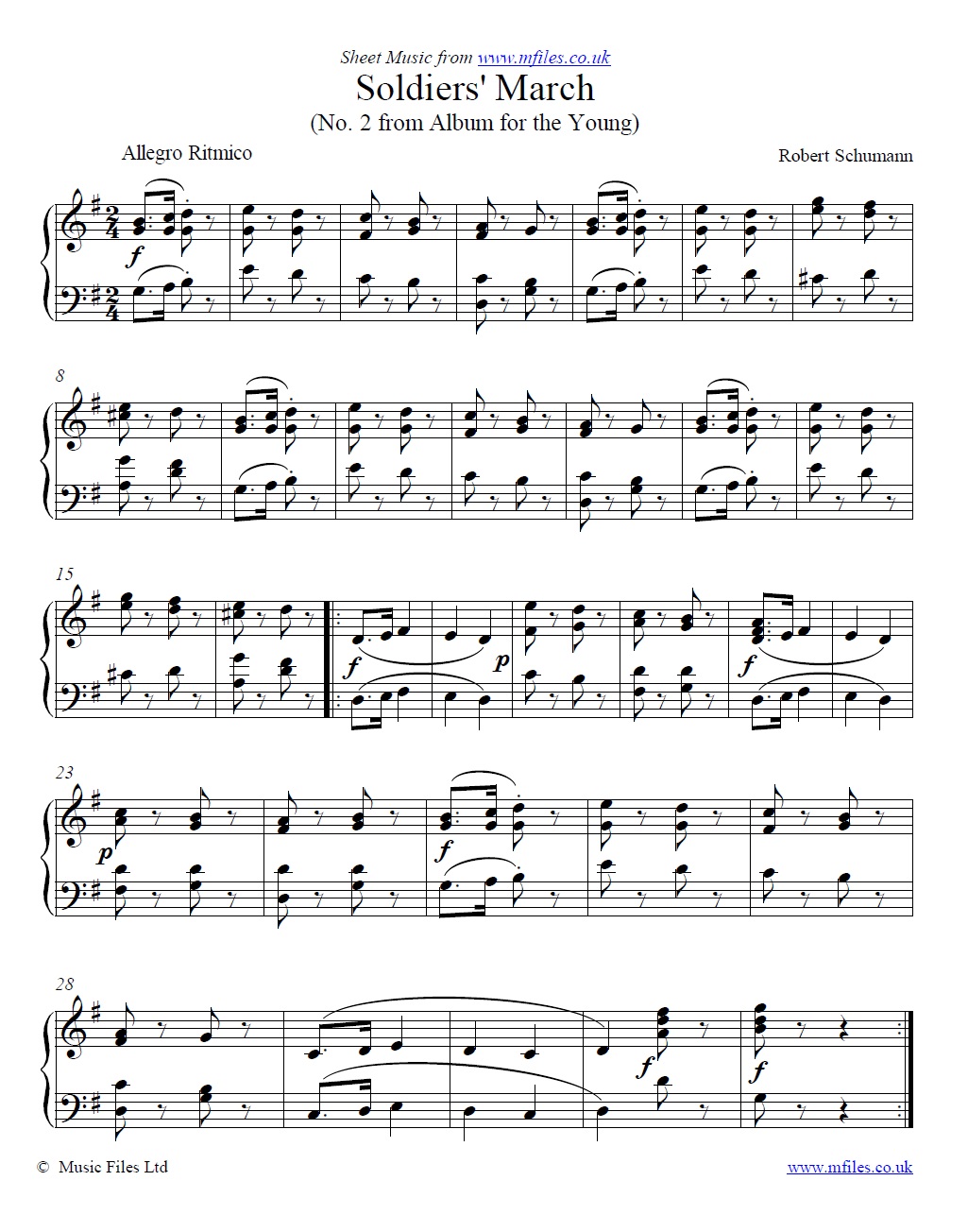 Schumann's Soldiers' March No.2 (from Album for the Young) for piano - click to download sheet music Schumann's Soldiers' March No.2 (from Album for the Young) for piano - sheet music 1st page