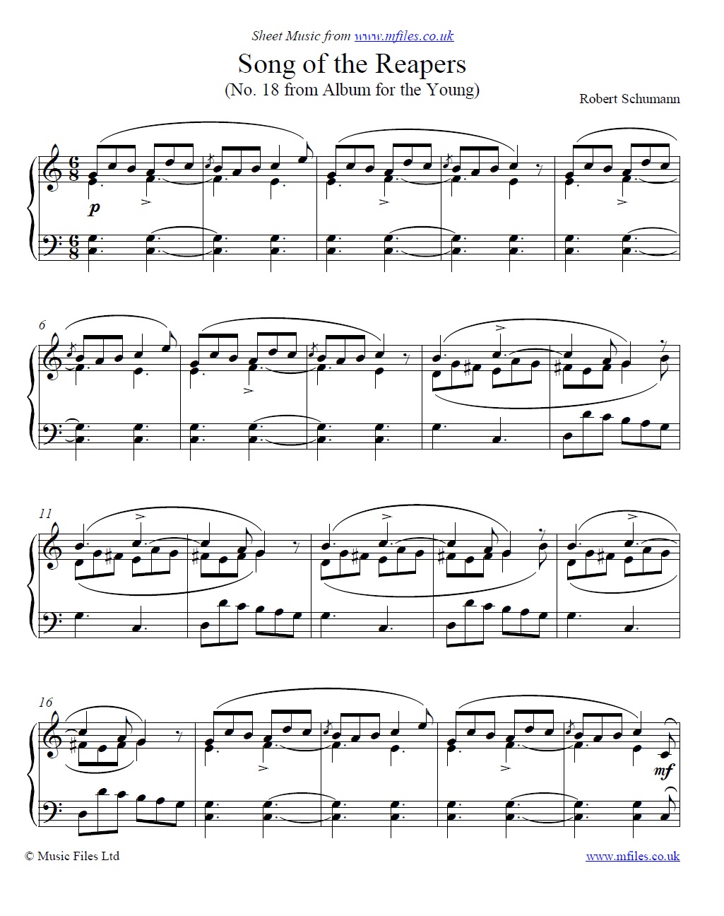 Schumann's Song of the Reapers (No.18 from his Album for the Young) for piano - click to download sheet music Schumann's Song of the Reapers (No.18 from his Album for the Young) for piano - sheet music 1st page