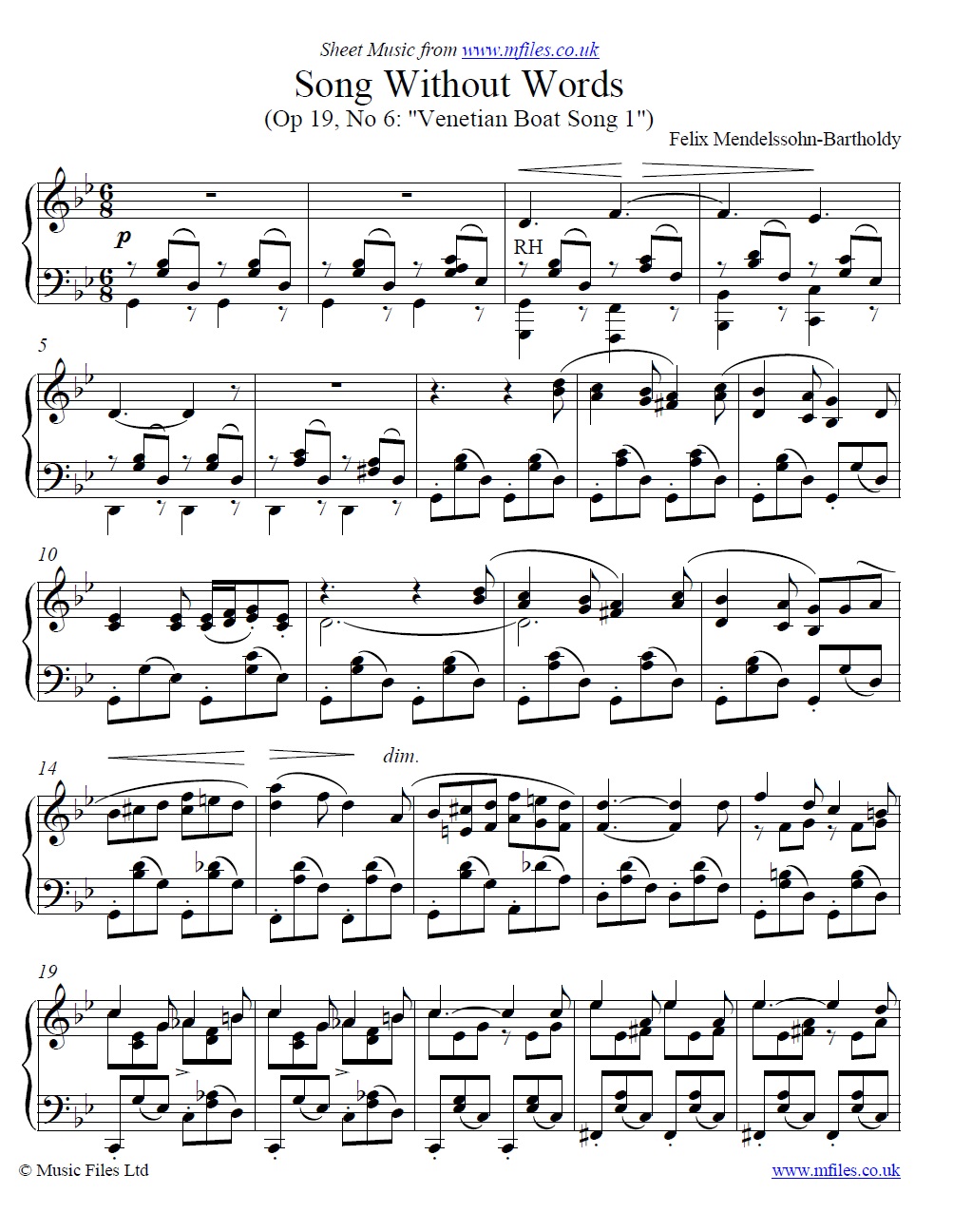 Mendelssohn's Song without words Op.19 No.6 Venetian Boat Song for piano - click to download sheet music Mendelssohn's Song without words Op.19 No.6 Venetian Boat Song for piano - sheet music 1st page