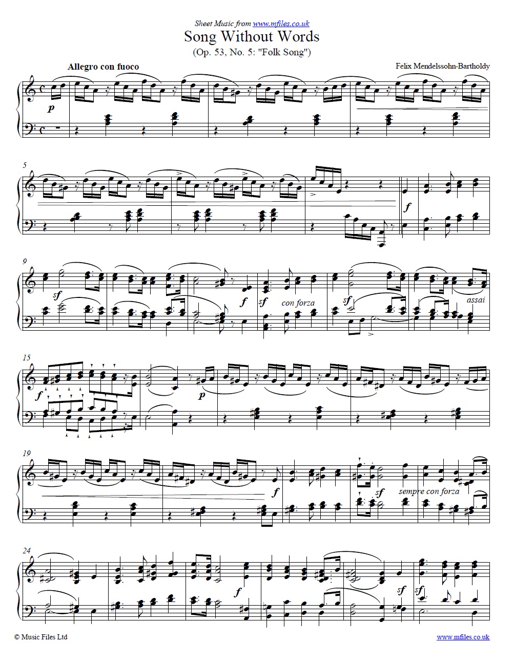 Mendelssohn's Song without words Op.53 No.5 Folk-Song for piano - click to download sheet music Mendelssohn's Song without words Op.53 No.5 Folk-Song for piano - sheet music 1st page