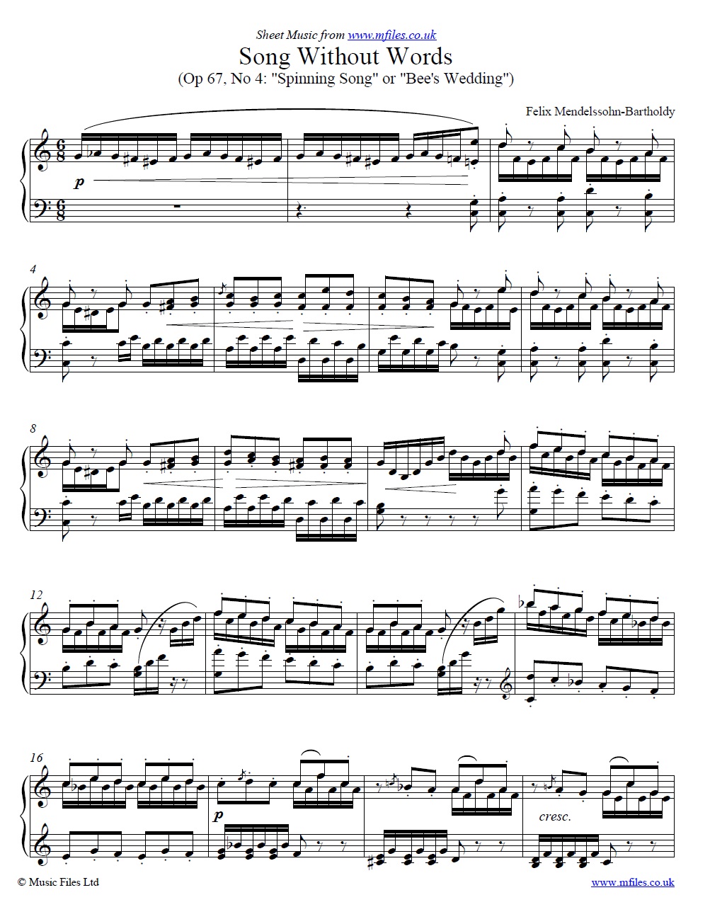 Mendelssohn's Song without words Op.67 No.4 Spinning Song or Bee's Wedding for piano - click to download sheet music Mendelssohn's Song without words Op.67 No.4 Spinning Song or Bee's Wedding for piano - sheet music 1st page