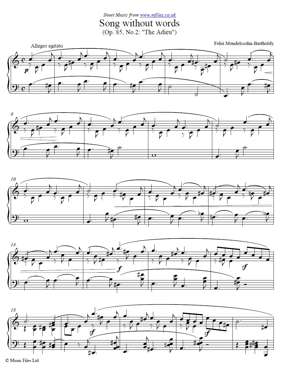 Mendelssohn's Song without words Op.85 No.2 The Adieu for piano - click to download sheet music Mendelssohn's Song without words Op.85 No.2 The Adieu for piano - sheet music 1st page