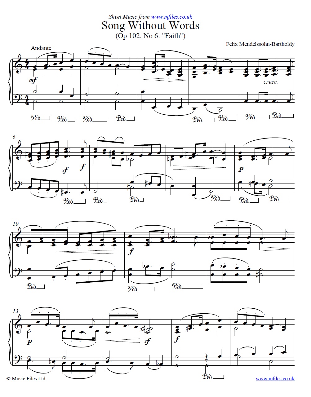 Mendelssohn's Song without words Op.102 No.6 Faith for piano - click to download sheet music Mendelssohn's Song without words Op.102 No.6 Faith for piano - sheet music 1st page
