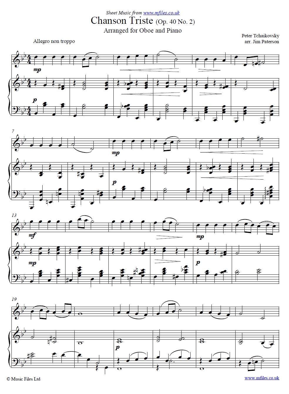 Tchaikovsky's Chanson Triste Op.40 No.2 for oboe and piano - click to download sheet music Tchaikovsky's Chanson Triste Op.40 No.2 for oboe and piano - sheet music 1st page