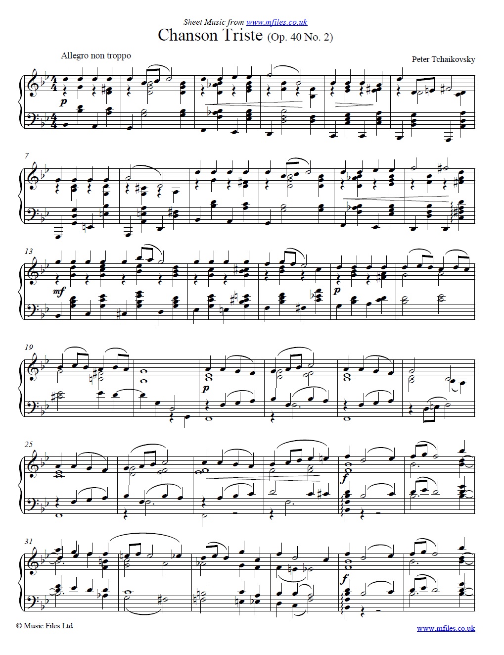 Tchaikovsky's Chanson Triste Op.40 No.2 for piano - click to download sheet music Tchaikovsky's Chanson Triste Op.40 No.2 for piano - sheet music 1st page
