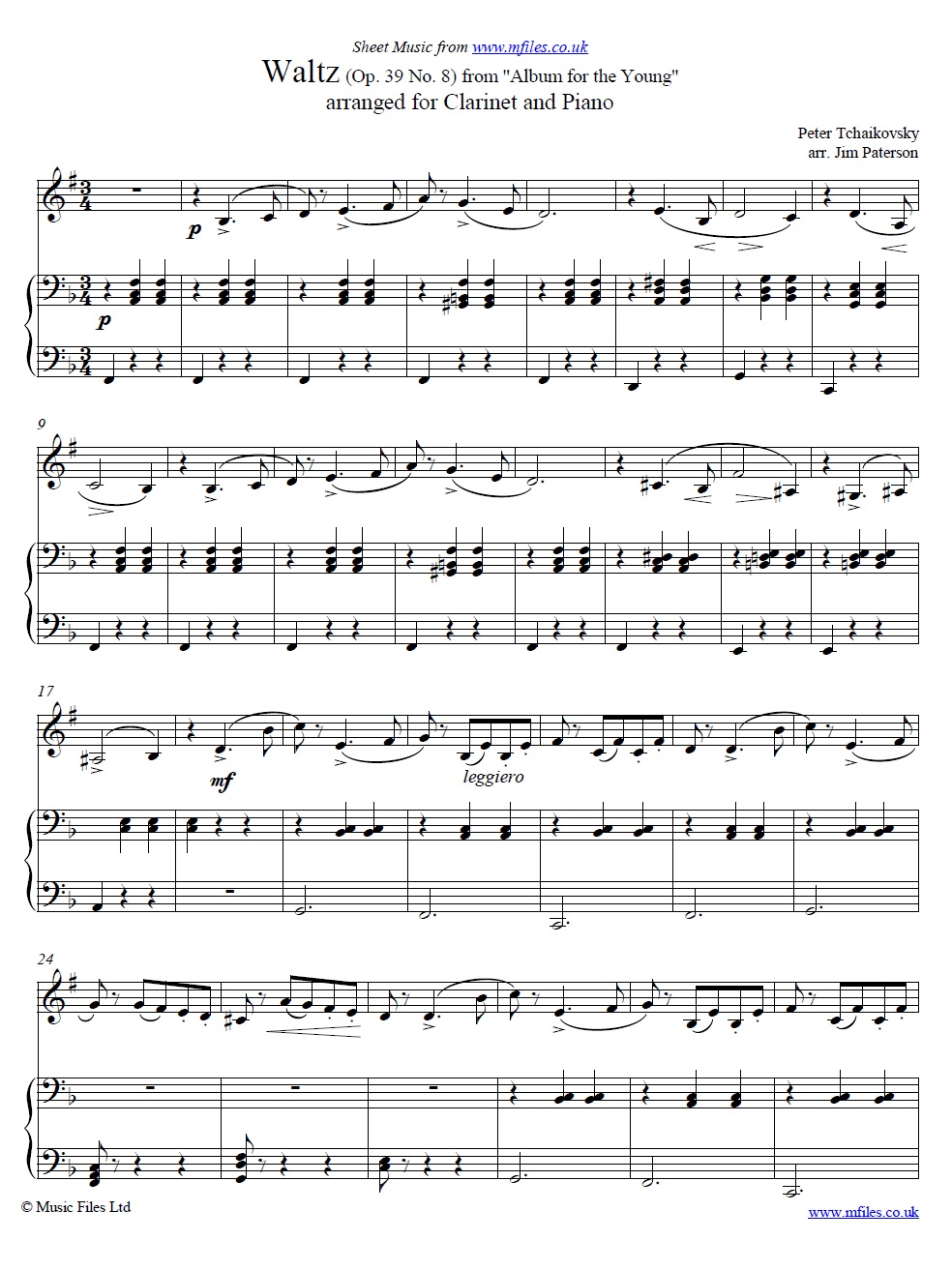 Waltz from Album for the Young (Op.39 No.8) for clarinet in B-flat and piano - click to download sheet music Waltz from Album for the Young (Op.39 No.8) for clarinet in B-flat and piano - sheet music 1st page