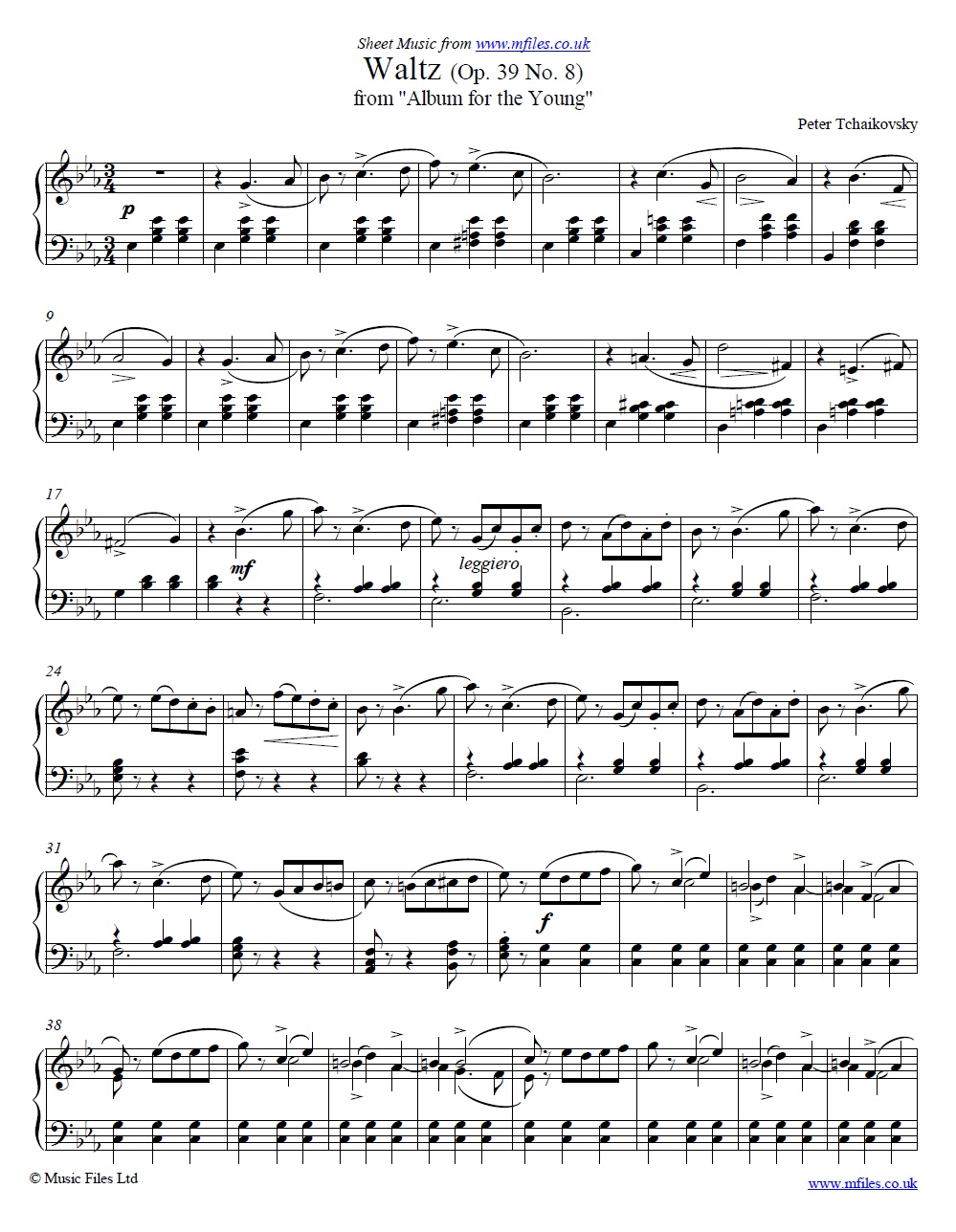 Tchaikovsky's Waltz from Album for the Young (Op.39 No.8) for piano - click to download sheet music Tchaikovsky's Waltz from Album for the Young (Op.39 No.8) for piano - sheet music 1st page