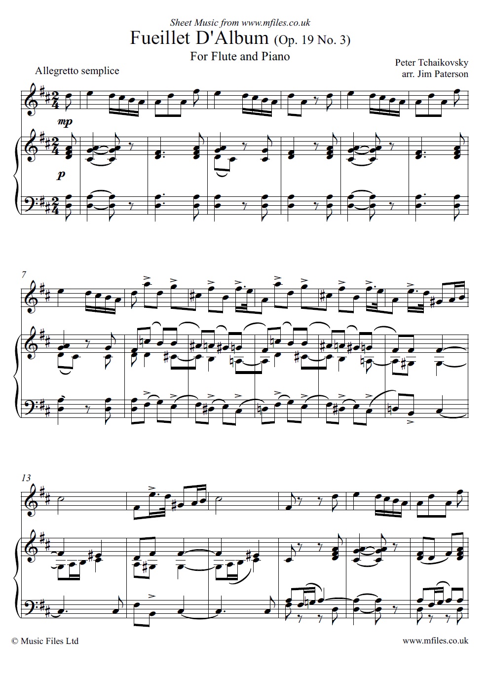 Tchaikovsky's Fueillet d'Album Op.19 No.3 for flute and piano - click to download sheet music Tchaikovsky's Fueillet d'Album Op.19 No.3 for flute and piano - sheet music 1st page