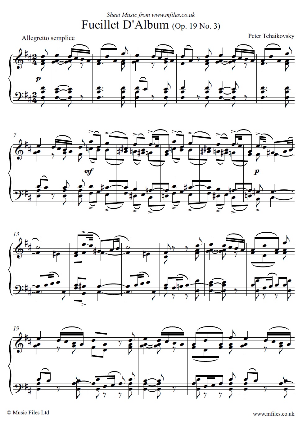 Tchaikovsky's Fueillet d'Album Op.19 No.3 for Piano - click to download sheet music Tchaikovsky's Fueillet d'Album Op.19 No.3 for Piano - sheet music 1st page