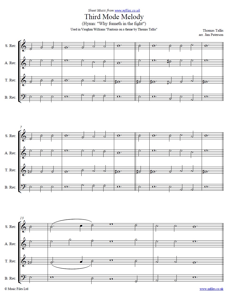 Tallis' Third Mode Melody for SATB recorders - click to download sheet music Tallis' Third Mode Melody for SATB recorders - sheet music 1st page