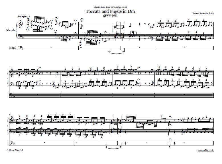 Bach's Toccata and Fugue in D minor for organ - click to download sheet music Bach's Toccata and Fugue in D minor for organ - sheet music 1st page