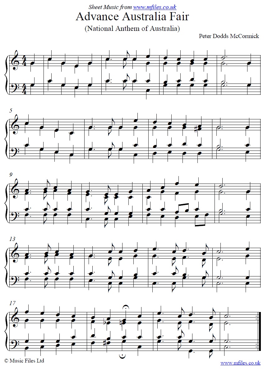 Advance Australia Fair - click to download sheet music Advance Australia Fair - piano sheet music 1st page