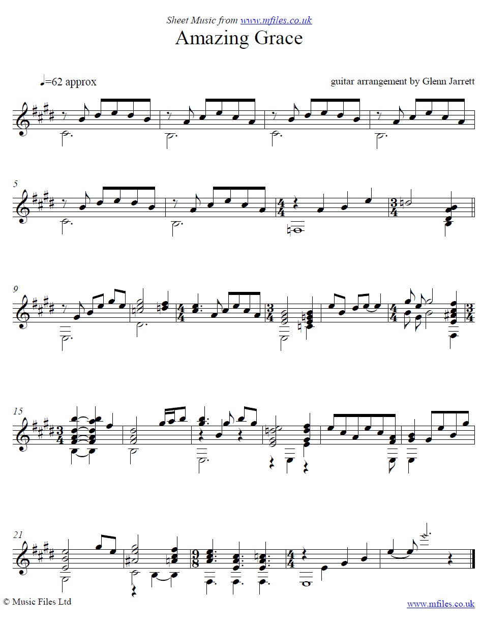 Amazing Grace (arranged Glenn Jarrett) - click to download sheet music Amazing Grace (arranged Glenn Jarrett) - guitar sheet music 1st page