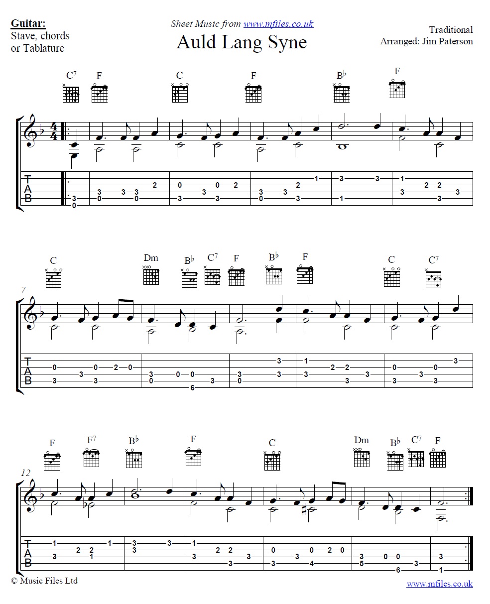 Auld Lang Syne for guitar - click to download sheet music Auld Lang Syne for guitar - sheet music 1st page