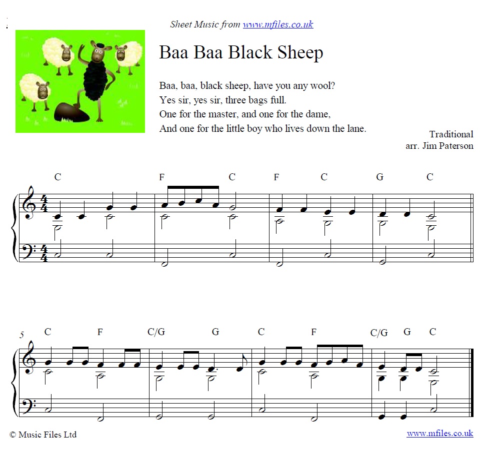 Baa Baa Black Sheep for piano - click to download sheet music Baa Baa Black Sheep for piano - sheet music 1st page