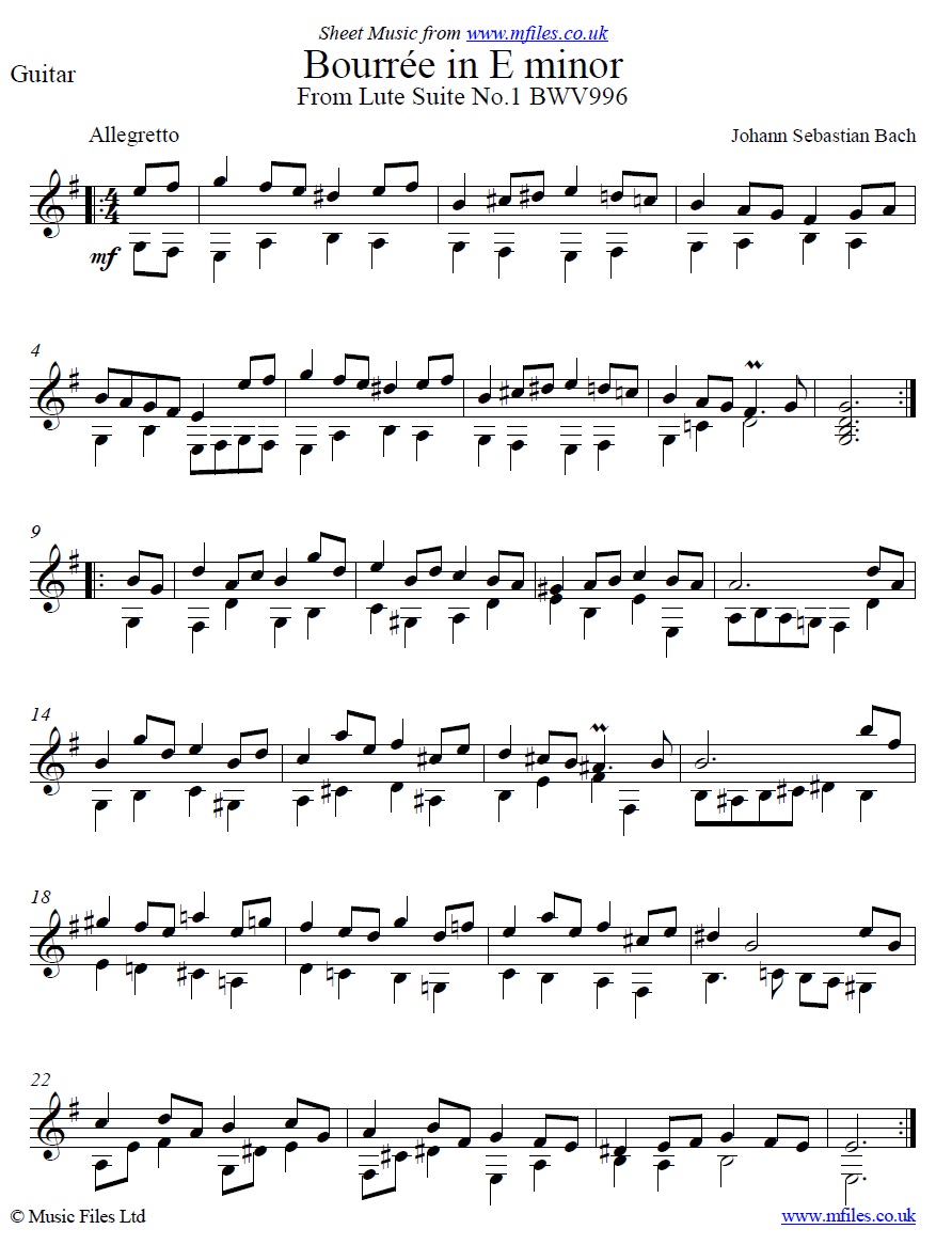 Bach's Bourrée in Em for Guitar - click to download sheet music Bach's Bourrée in Em for Guitar - sheet music 1st page
