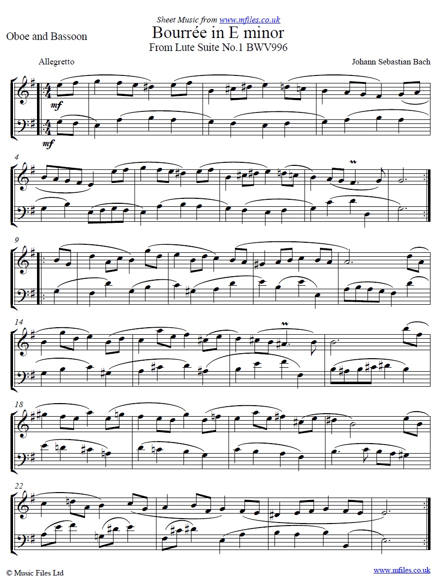 Bach's Bourrée in Em for oboe and bassoon - click to download sheet music Bach's Bourrée in Em for oboe and bassoon - sheet music 1st page