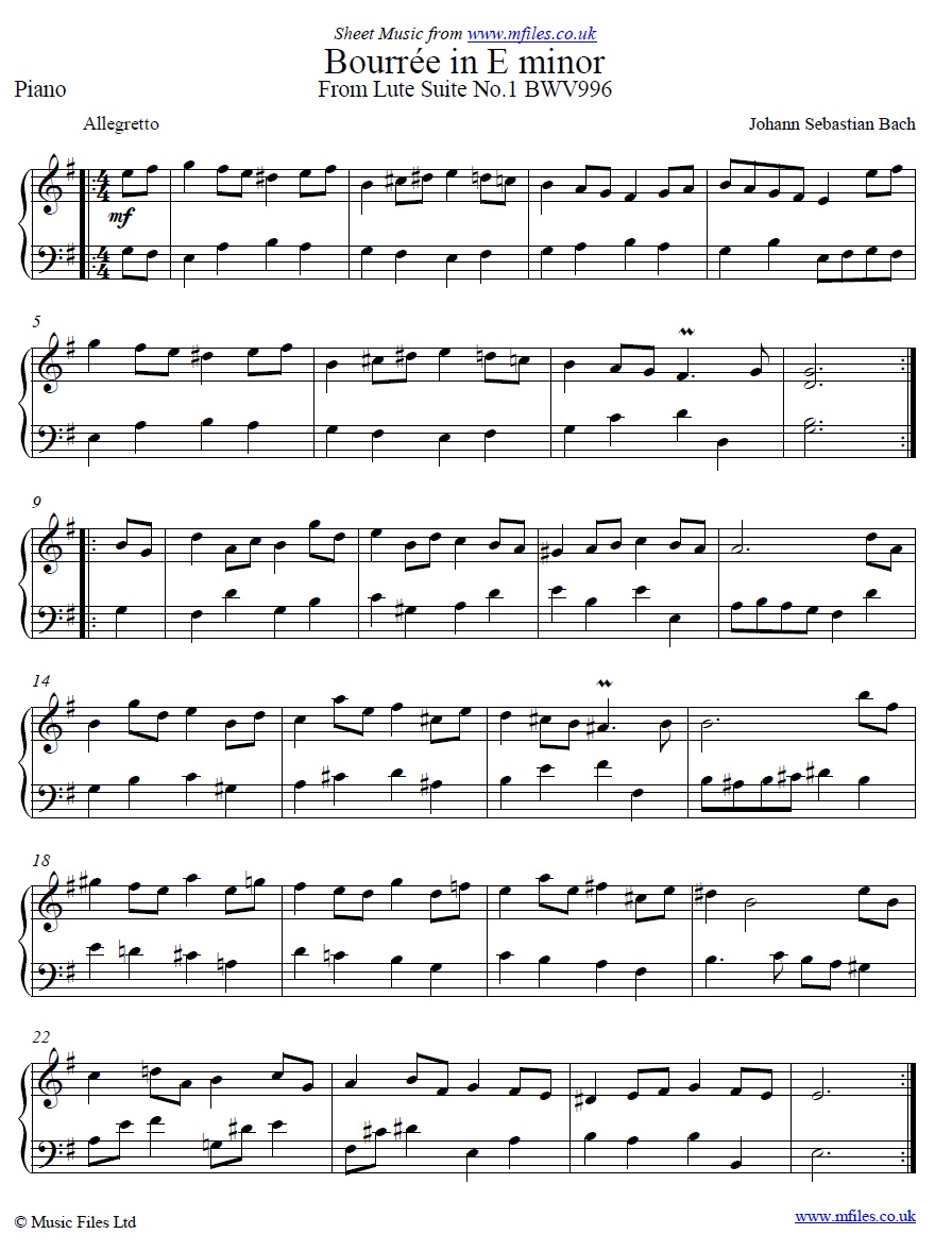 Bach's Bourrée in Em for piano - click to download sheet music Bach's Bourrée in Em for piano - sheet music 1st page