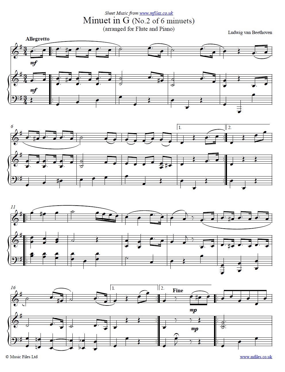 Beethoven's Minuet in G for flute and piano - click to download sheet music Beethoven's Minuet in G for flute and piano - sheet music 1st page