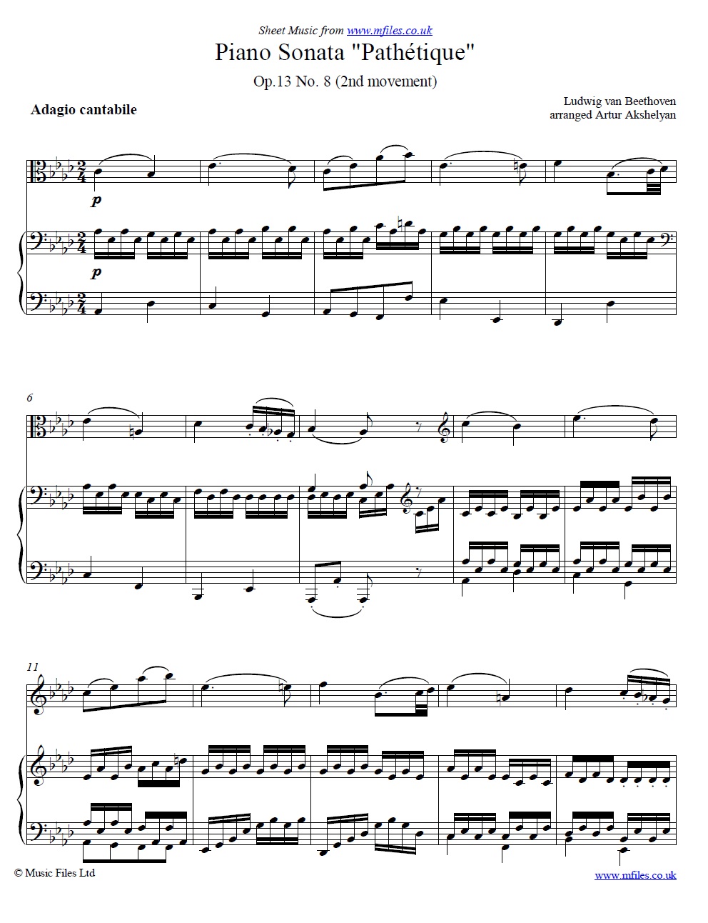 Beethoven's Pathétique Sonata (2nd movement) for viola and piano - click to download sheet music Beethoven's Pathétique Sonata (2nd movement) for viola and piano - sheet music 1st page
