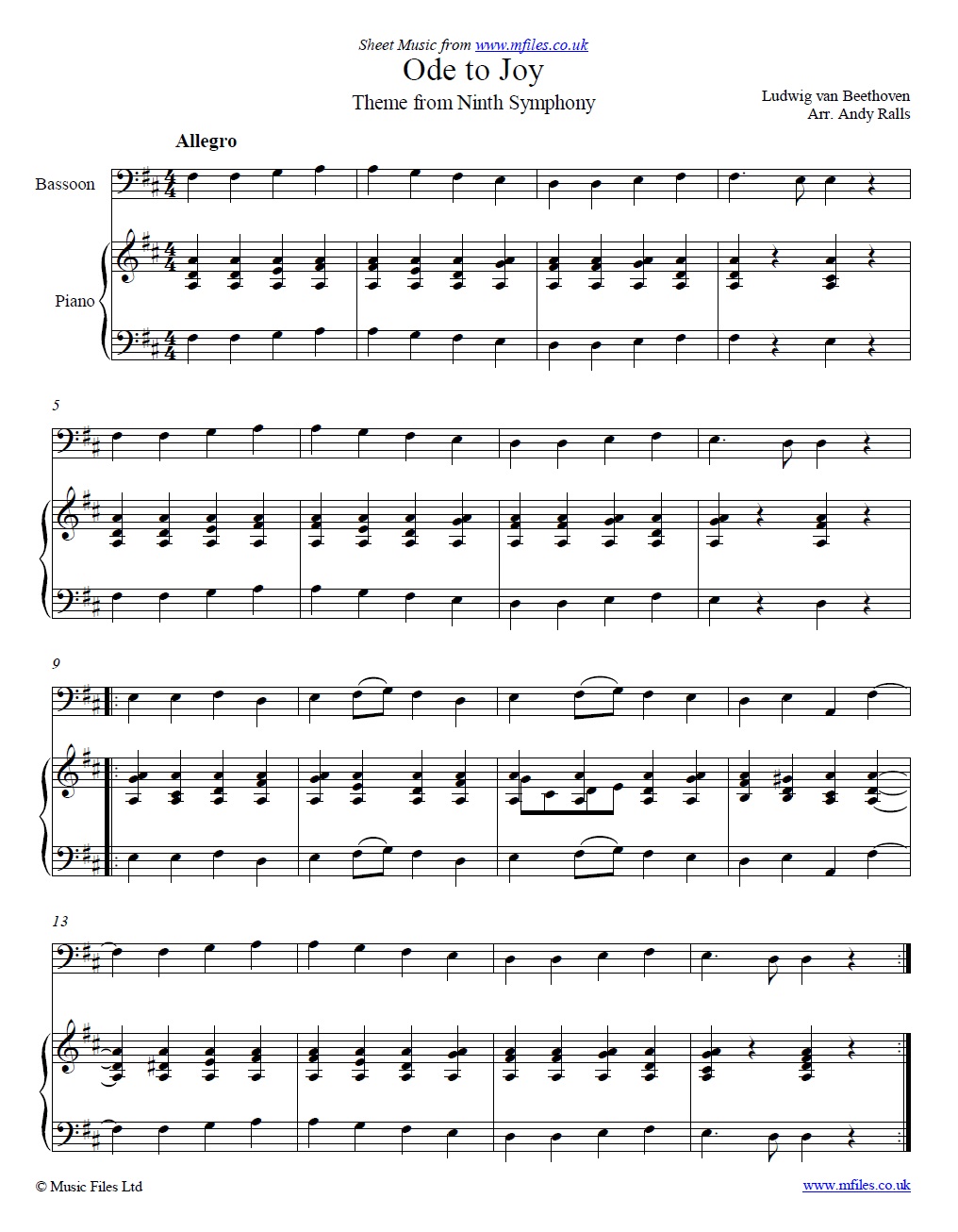 Beethoven's Ode to Joy for Bassoon and piano - click to download sheet music Beethoven's Ode to Joy for Bassoon and piano - sheet music 1st page